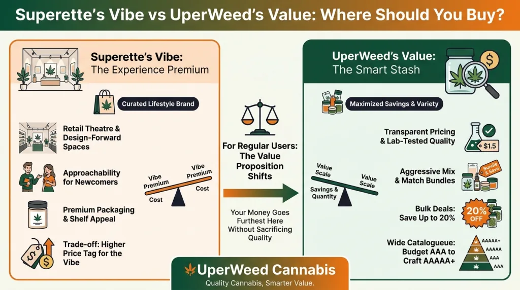 Infographie : L'ambiance de Superette comparée au rapport qualité-prix d'UperWeed : où acheter ?