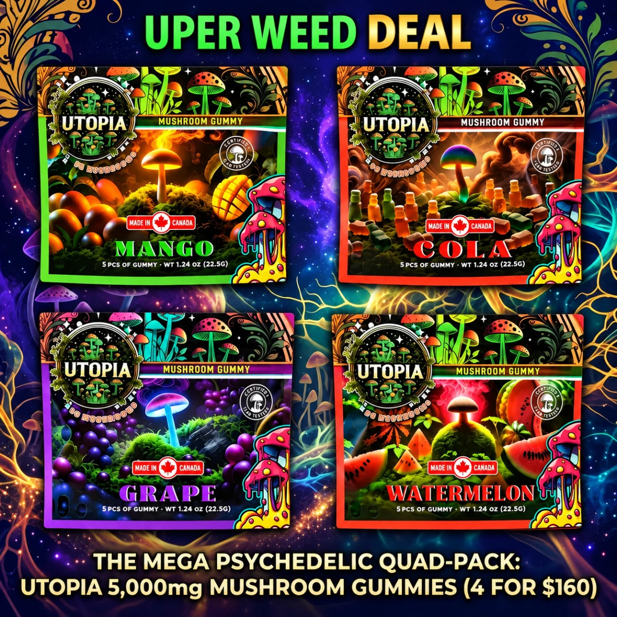 The Mega Psychedelic Quad-Pack: Utopia 5,000mg Mushroom Gummies (4 for $160)