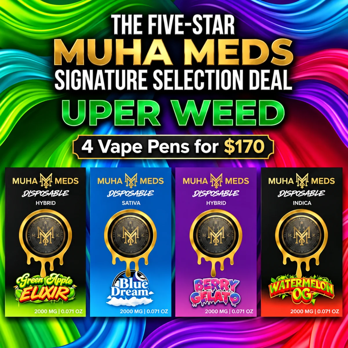 The Five-Star Muha Meds Signature Selection Deal – 4 Vape Pens (2000mg each)