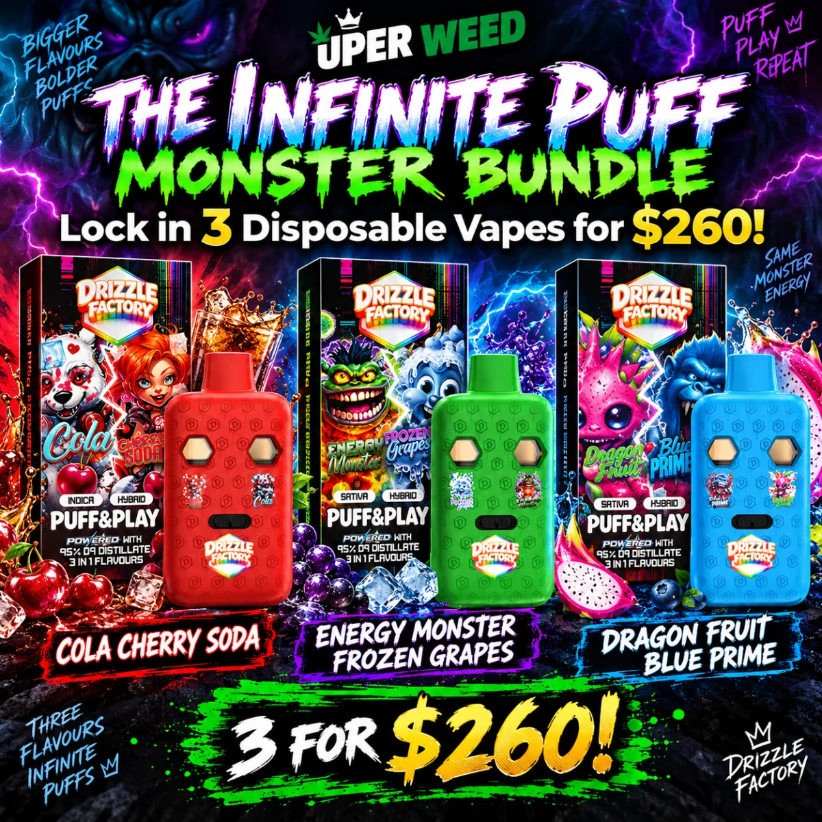 The Infnite Puff Monster Bundle: Lock in 3 Disposable Vapes for $260!