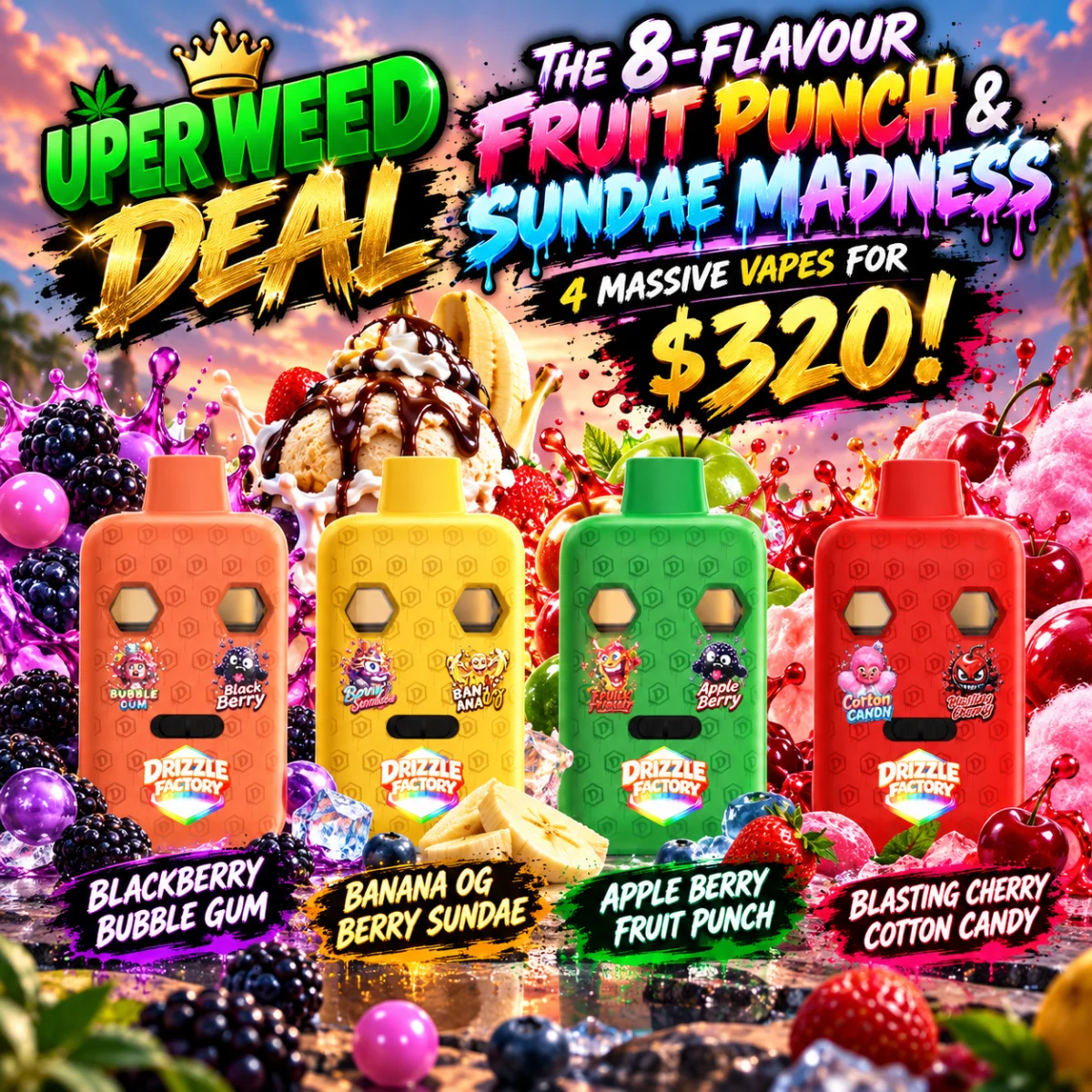 The 8-Flavour Fruit Punch & Sundae Madness: 4 Massive Vapes for $320